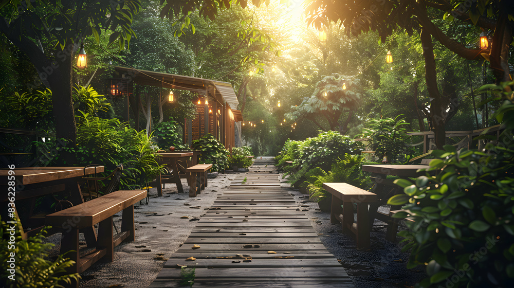 Customer profile blends with nature trail symbolizing outdoor adventure and relaxation of cafe visit. Travel and cafe ads. Photo realistic concept. Customer profile blends with nature trail symbolizing outdoor adventure and relaxation of cafe visit. Travel and cafe ads. Photo realistic concept.
