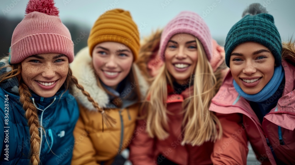 A group of cheerful young women dressed in colorful winter sportswear posing for the camera. A group of cheerful young women dressed in colorful winter sportswear posing for the camera.