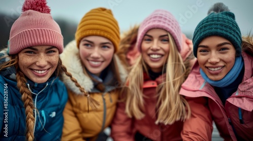 A group of cheerful young women dressed in colorful winter sportswear posing for the camera.