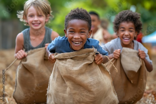 Happy children in a sack race. A vibrant depiction of joyful kids participating in a fun outdoor activity. Ideal for advertising, education, lifestyle blogs, and youth programs. photo