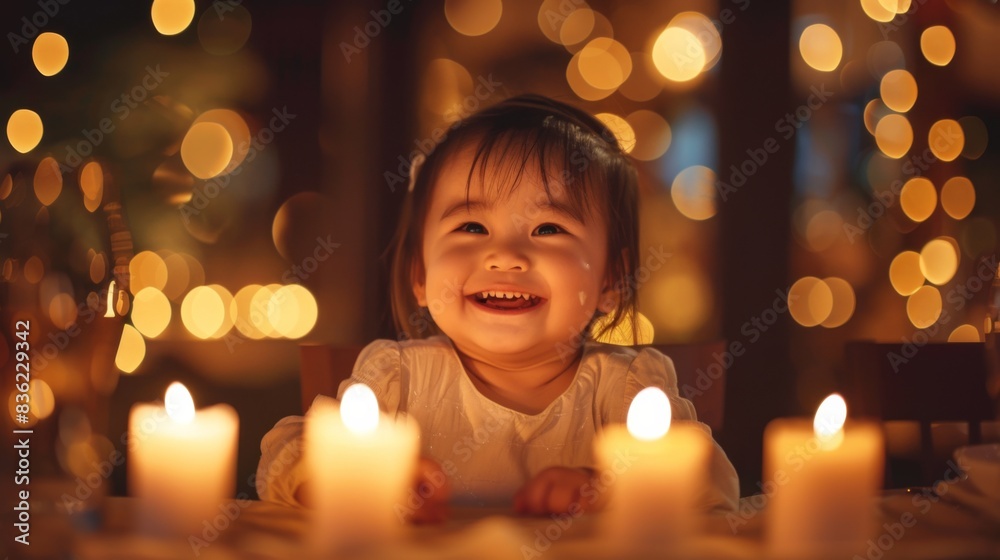 A toddler smiles joyfully amidst twinkling lights and candles, creating a warm, cozy atmosphere. A toddler smiles joyfully amidst twinkling lights and candles, creating a warm, cozy atmosphere.