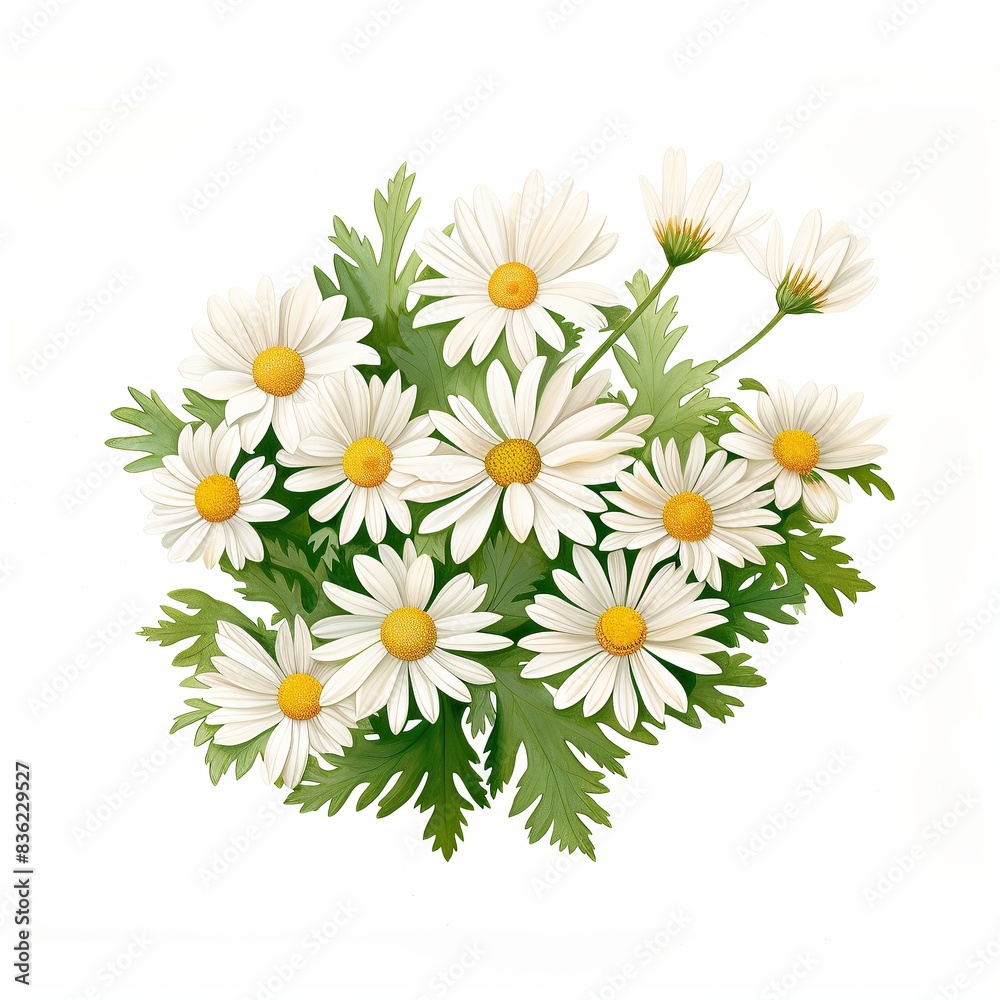 A cluster of white daisies with yellow centers and green leaves. The flowers are arranged in a bouquet shape. , paint style