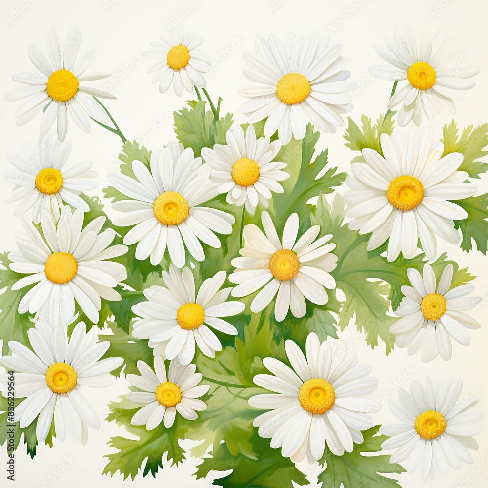 A bouquet of delicate white daisies with yellow centers, arranged in a whimsical, natural pattern. , paint style A bouquet of delicate white daisies with yellow centers, arranged in a whimsical, natural pattern. , paint style
