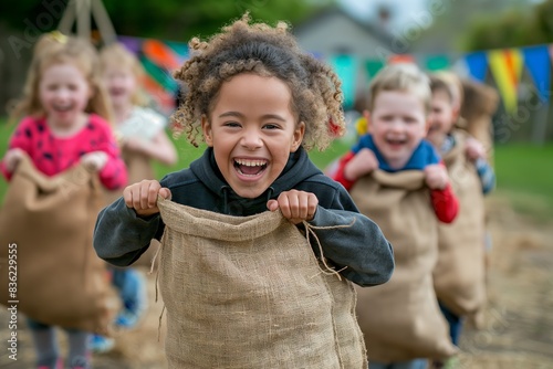Sack race fun at children's outdoor event. A joyful depiction of kids engaged in a sack race, highlighting joy, competition, and community spirit. Ideal for marketing and educational content