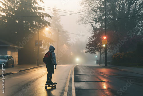 Early morning skateboarder on misty street. A young person riding a skateboard down a foggy road at dawn. Ideal for themes of solitude  adventure  and urban lifestyle.