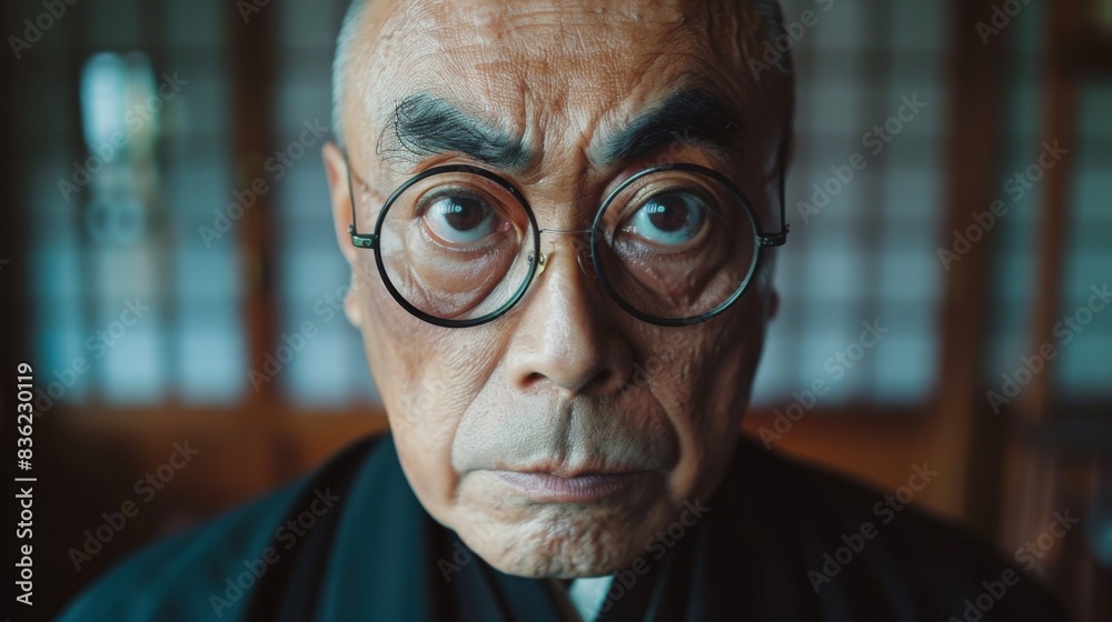 Close-up portrait of a senior Japanese man with glasses gazing intently at the camera. Close-up portrait of a senior Japanese man with glasses gazing intently at the camera.