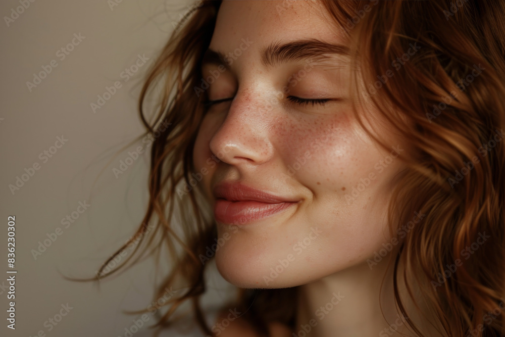 A close up of a woman's face with her eyes closed looking to a side A close up of a woman's face with her eyes closed looking to a side