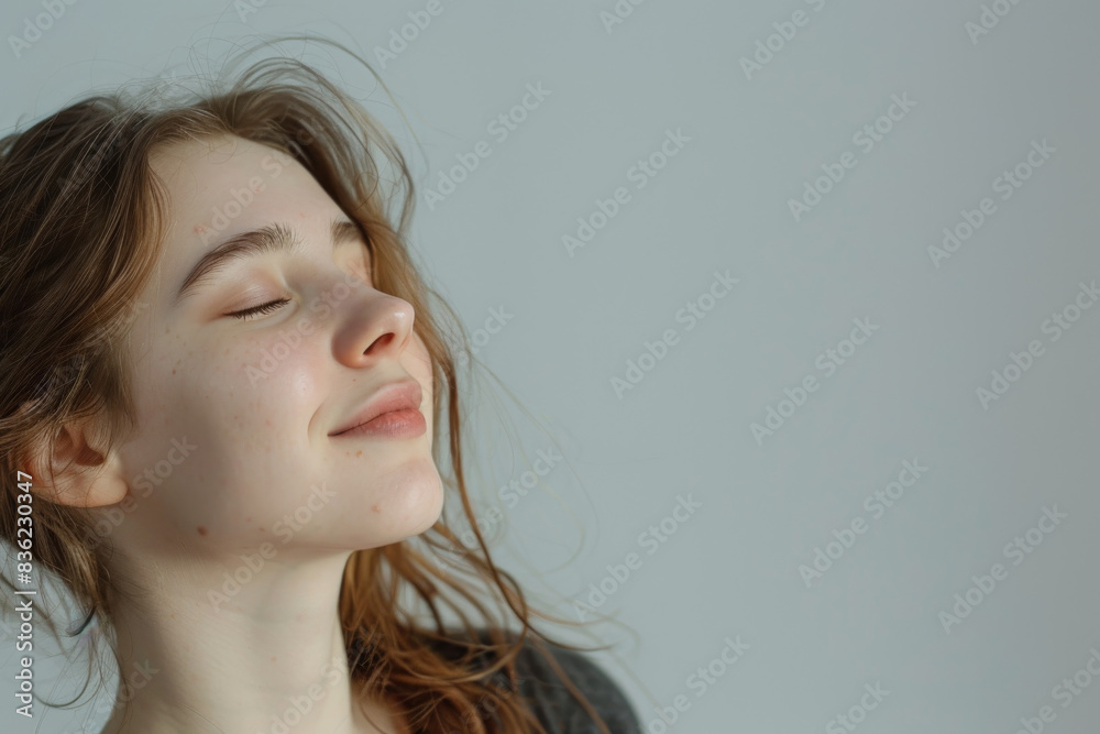 A close up of a woman's face with her eyes closed looking to a side A close up of a woman's face with her eyes closed looking to a side