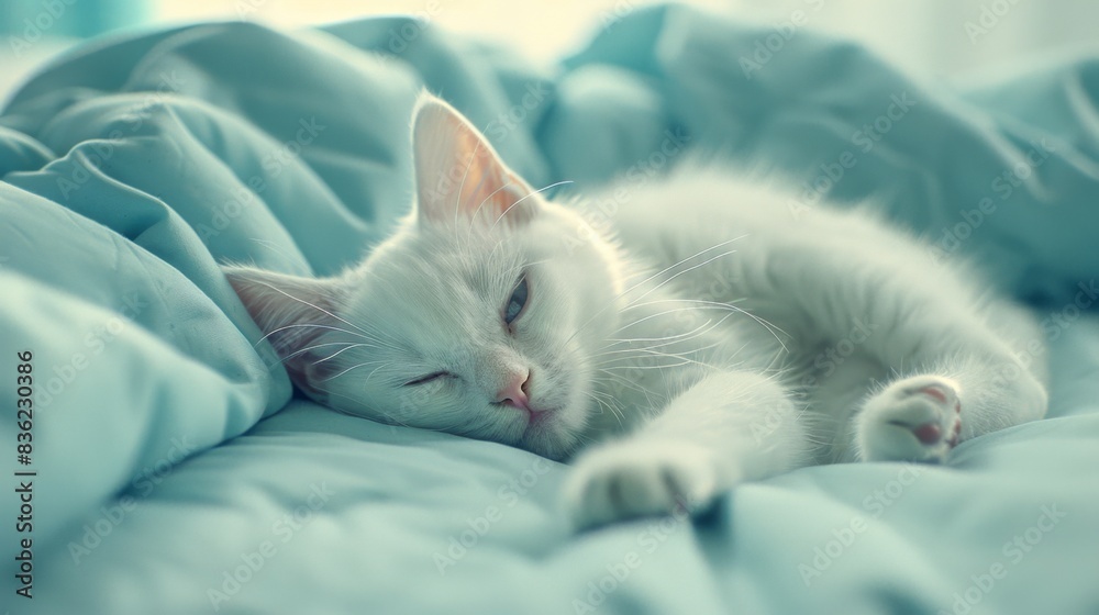 A white cat peacefully sleeping, curled up on a soft blue sofa. A white cat peacefully sleeping, curled up on a soft blue sofa.