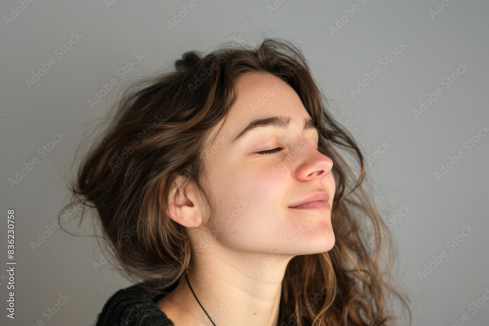 A close up of a woman's face with her eyes closed looking to a side A close up of a woman's face with her eyes closed looking to a side