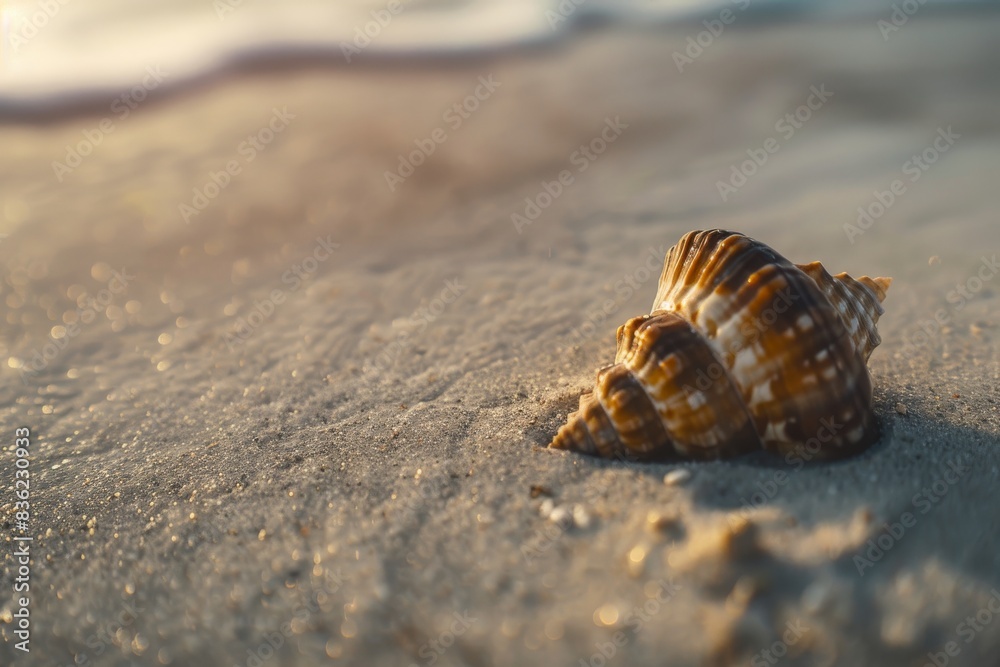 Sun-Kissed Seashell Resting on Golden Sand at Sunset Sun-Kissed Seashell Resting on Golden Sand at Sunset