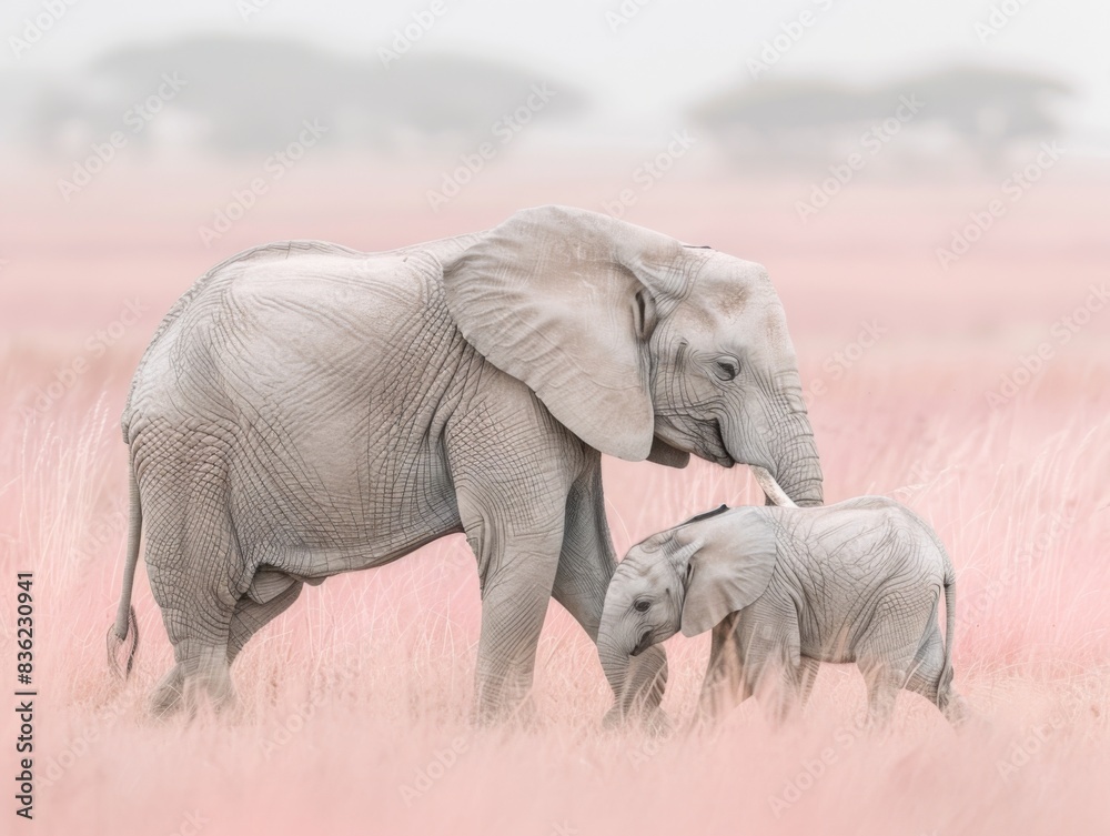 Fototapeta premium An African elephant with its calf in a grassy field, likely within Tsavo East National Park.