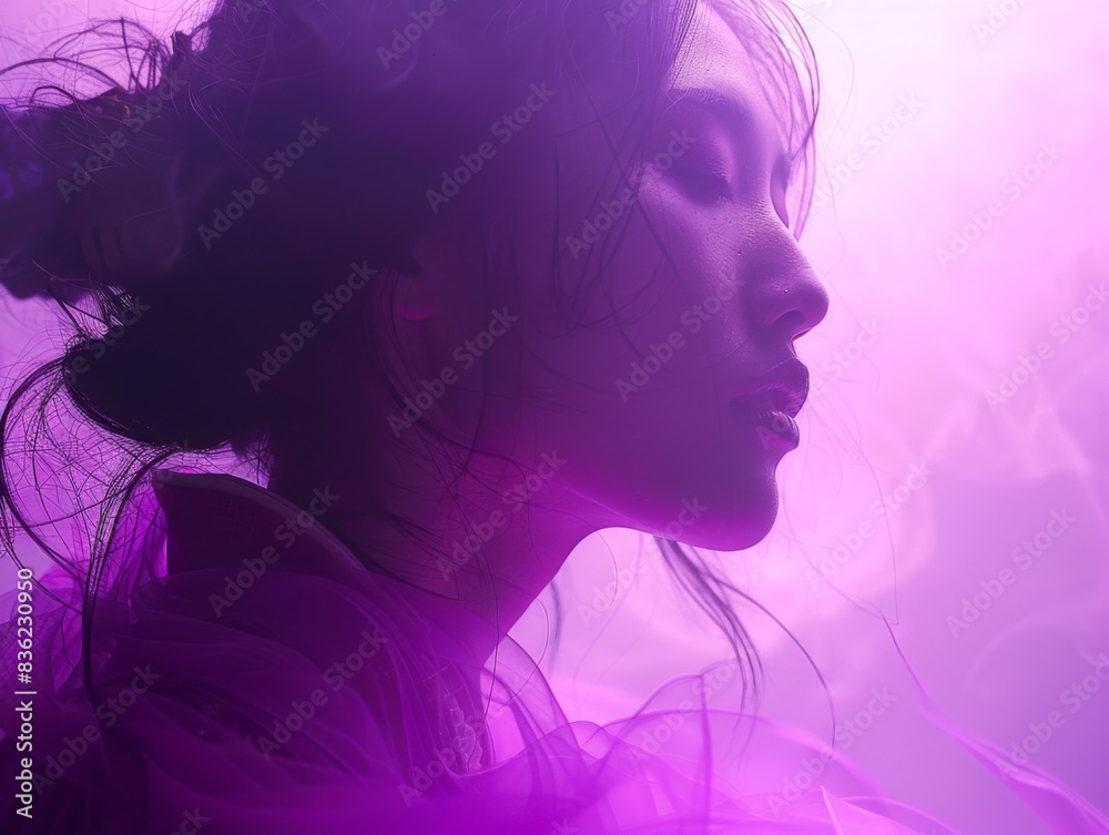 Artistic silhouette of a woman profile highlighted by purple lighting, creating a mystical atmosphere. Artistic silhouette of a woman profile highlighted by purple lighting, creating a mystical atmosphere.