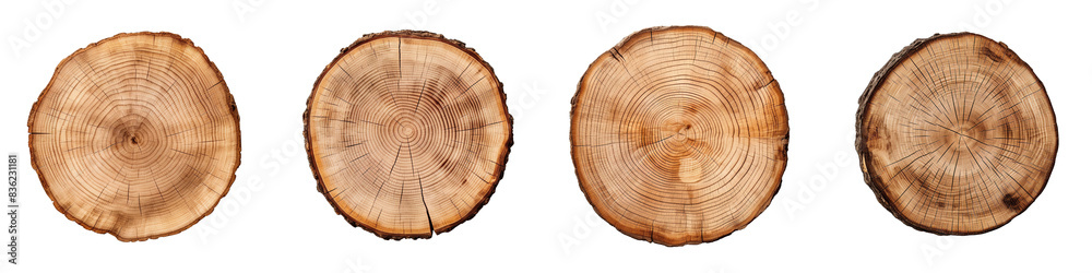 Collection of round wooden tree slice trunk stump wood isolated on transparent or white background Collection of round wooden tree slice trunk stump wood isolated on transparent or white background