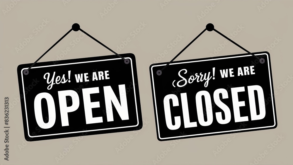 Yes We Are Open and Sorry We Are Closed Signs Hanging on Strings for Business Yes We Are Open and Sorry We Are Closed Signs Hanging on Strings for Business