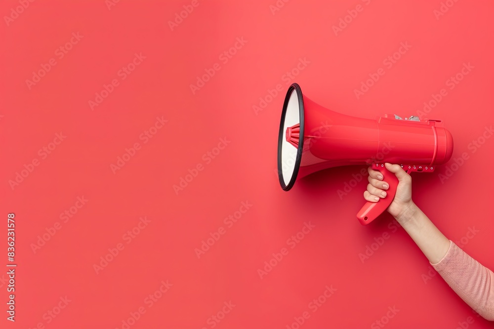 Megaphone in hand on red background. Marketing and advertising banner. Megaphone in hand on red background. Marketing and advertising banner.