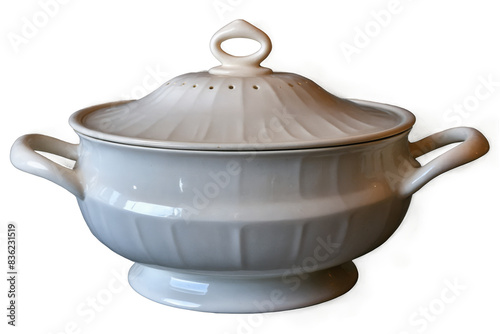 Elegant classic ceramic soup tureen with a stylish design on a transparent white background, ideal for a png image