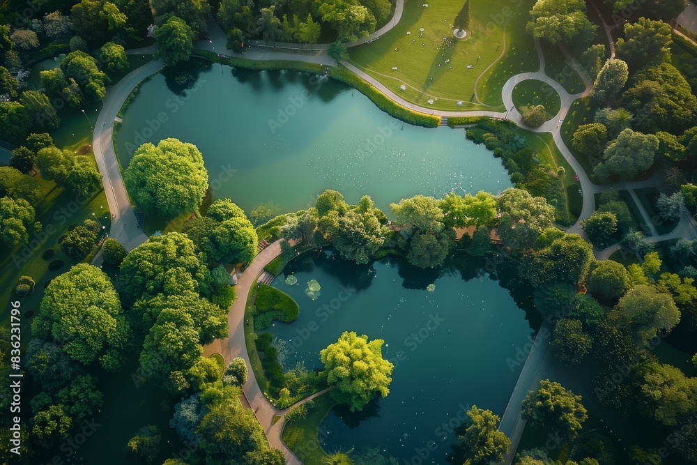 An Aerial View of Serene Green Lakes Surrounded by Lush Foliage in a City Park An Aerial View of Serene Green Lakes Surrounded by Lush Foliage in a City Park