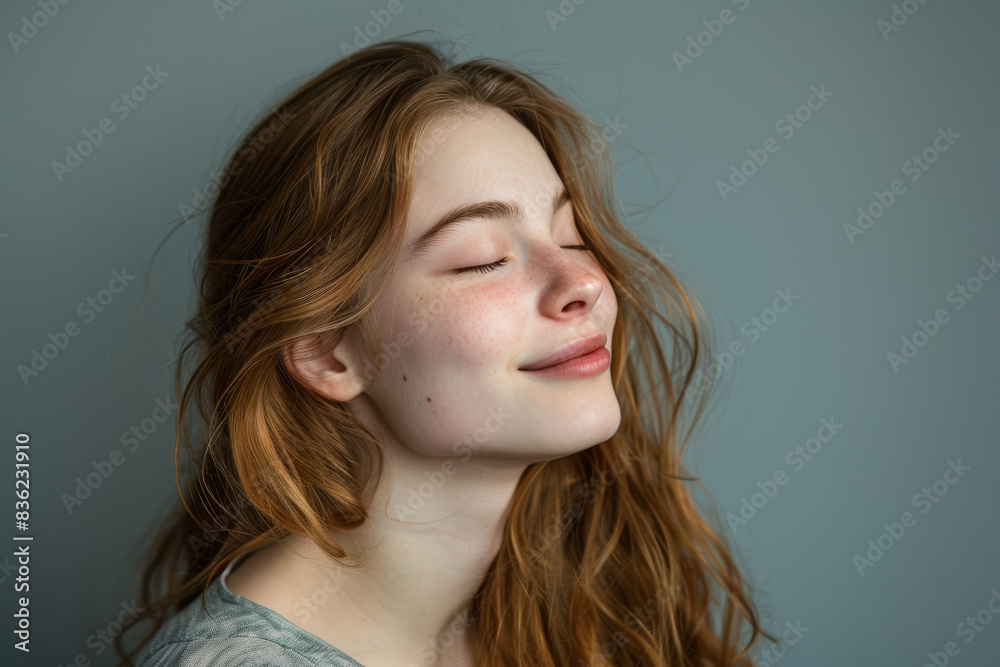 A close up of a woman's face with her eyes closed looking to a side A close up of a woman's face with her eyes closed looking to a side