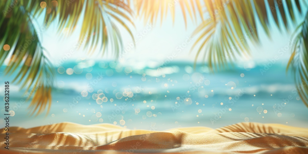 Fototapeta a paradise beach with golden sand and palm leaves in blur