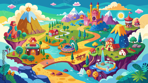 Colorful, hand-drawn maps of imaginary lands filled with whimsical details, vector graphics