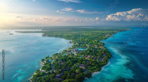 Aerial view of the serene Bacalar Lagoon with distinct cenotes and greenery surrounding crystal-clear turquoise waters under a soft sky.