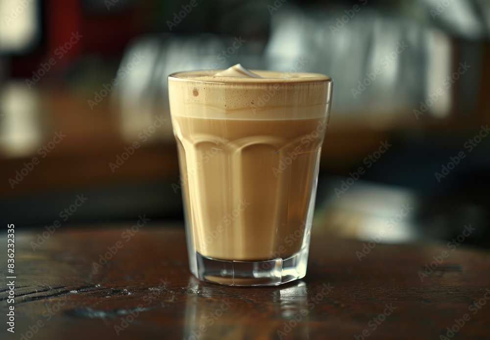 Cappuccino in a Glass on a Wooden Table Cappuccino in a Glass on a Wooden Table