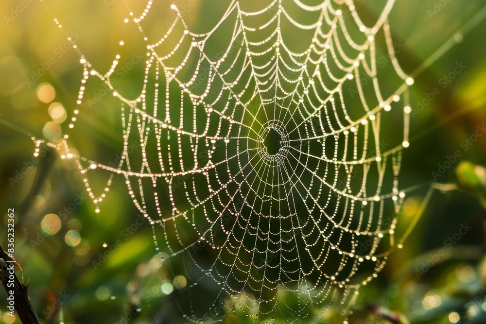 Naklejka premium A Dew-Kissed Spiderweb Glistens in the Morning Sun