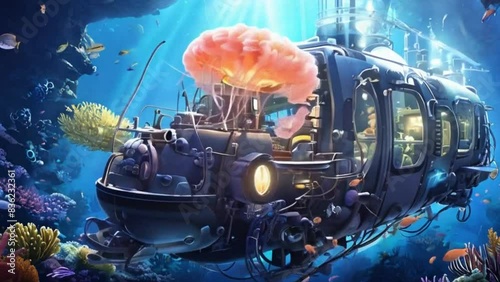  Imagine an animation showing a deep-sea exploration mission in a submarine. The scene features various underwater creatures like glowing jellyfish, giant squids, and schools of colorful fish. Coral r photo