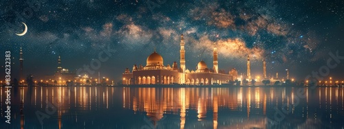 Fantastic Mosque Architecture Under Crescent Moon and Starry Milky Way: Path Crossing City for Islamic New Year Celebration