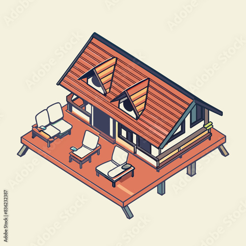 A long log house with a terrace and sun loungers 1 floor isometric view from above