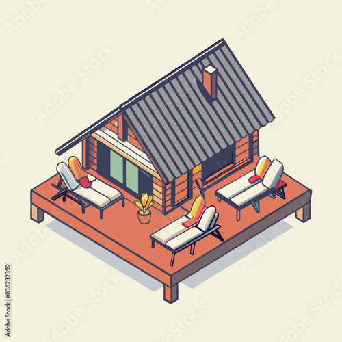 A long log house with a terrace and sun loungers 1 floor isometric view from above