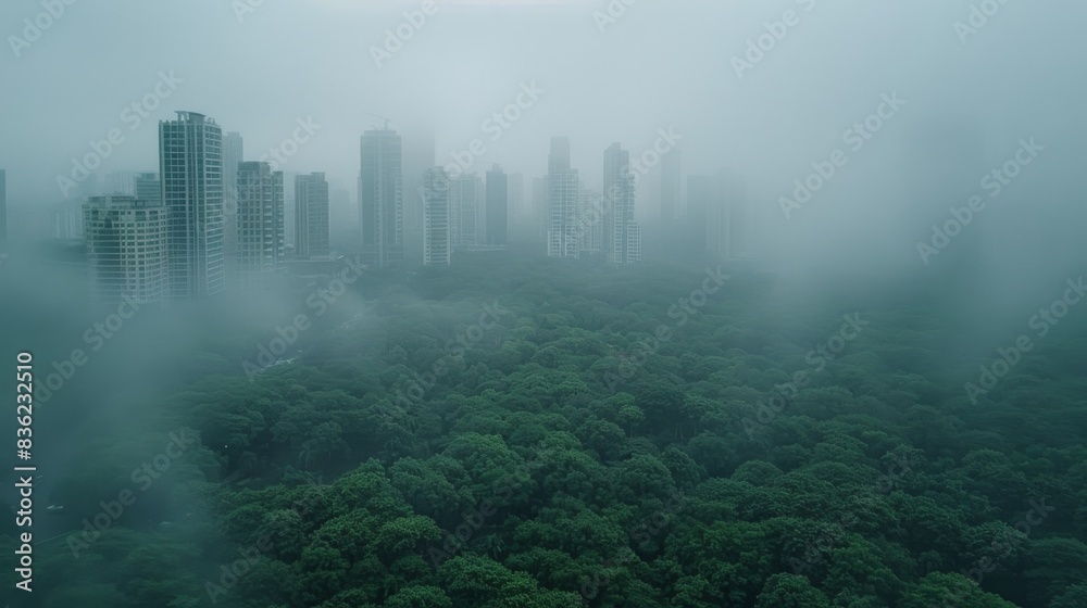 Aerial view of a cityscape partially shrouded in mist, with dense green foliage in the foreground. Aerial view of a cityscape partially shrouded in mist, with dense green foliage in the foreground.
