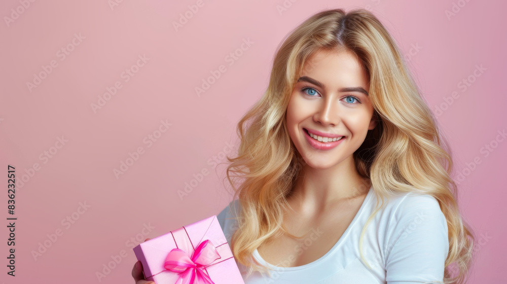 A woman is holding a pink gift box and smiling. Concept of happiness and joy, as the woman is excited to give the gift to someone