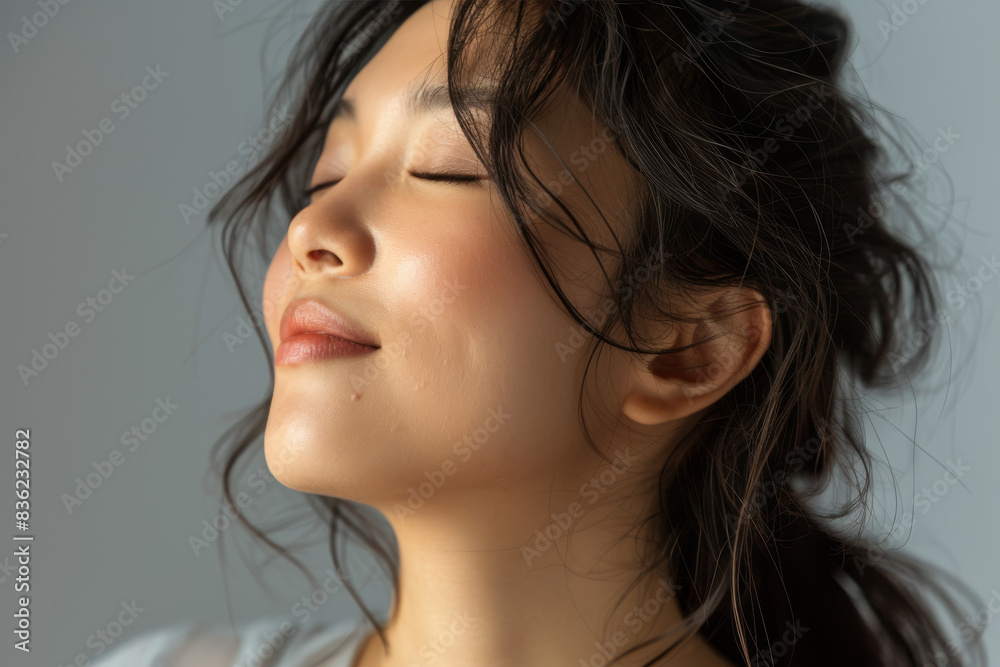 A close up of a woman's face with her eyes closed looking to a side A close up of a woman's face with her eyes closed looking to a side