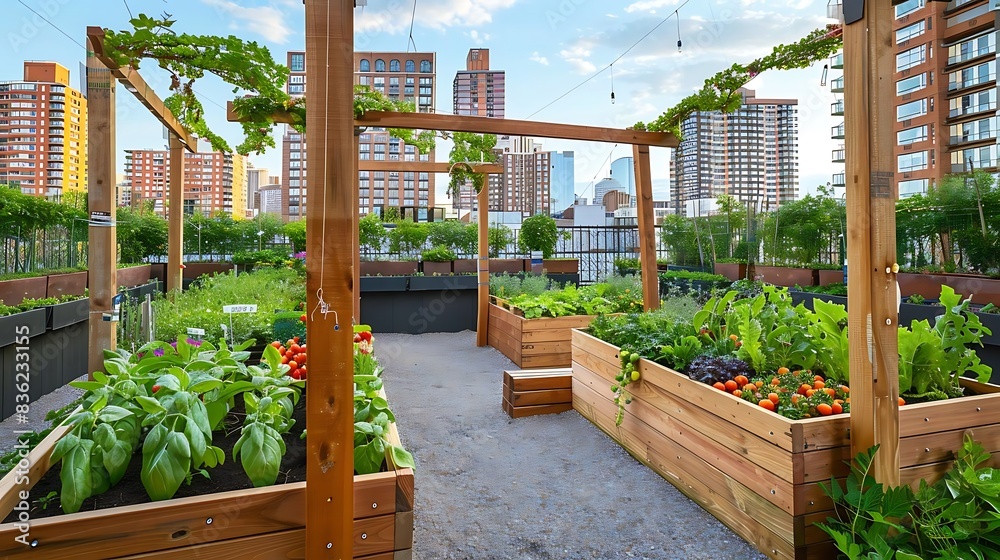 beautiful rooftop vegetable garden with raised beds and trellises ...