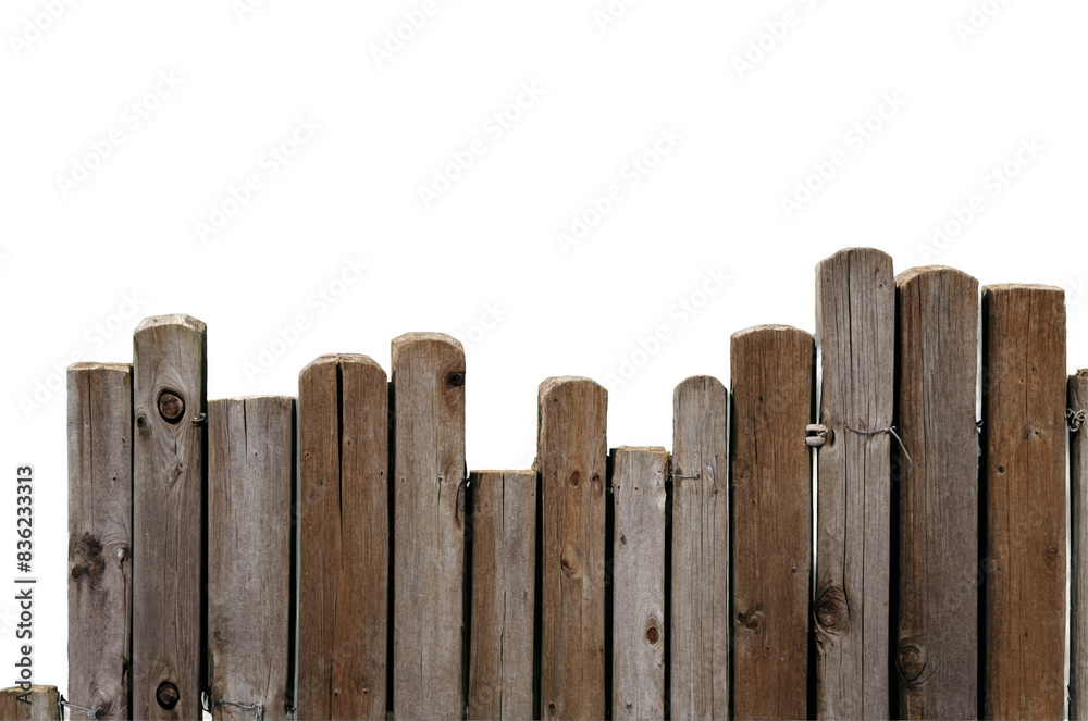 A rustic and aged wooden fence segment isolated on a transparent, white background, suitable for png compositing A rustic and aged wooden fence segment isolated on a transparent, white background, suitable for png compositing
