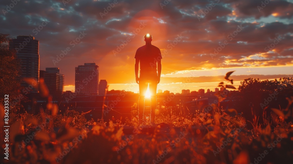Fototapeta premium Silhouette of a businessman standing in a cityscape at sunset, with warm hues in the sky and buildings in the background.