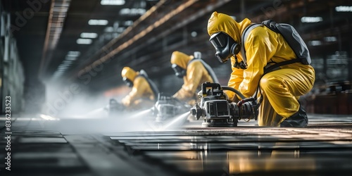 Safety team cleaning toxic gas leak in factory workshop for contamination protection. Concept Safety Protocols, Toxic Gas Leak, Contamination Protection, Factory Workshop, Cleaning Team photo