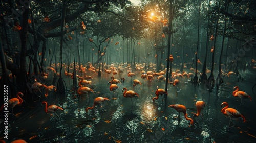 Flamingos gathered in a serene mangrove at sunrise, with rays of sunlight piercing through. photo