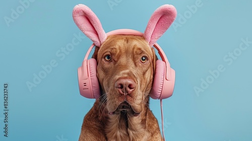 Adorable dog with pink bunny ears and headphones on a blue background. Fun and cute pet concept. photo