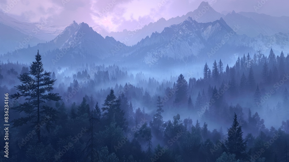 Dawn in a wooded area with misty peaks