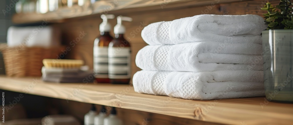Stack of fresh white towels on a wooden shelf in a cozy bathroom setting, along with bottles and a wicker basket in the background. Stack of fresh white towels on a wooden shelf in a cozy bathroom setting, along with bottles and a wicker basket in the background.