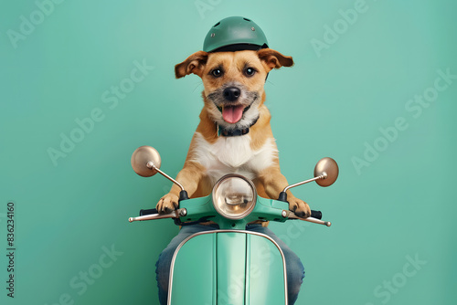 Cute dog posing in delivery man on scooter on pastel background. photo