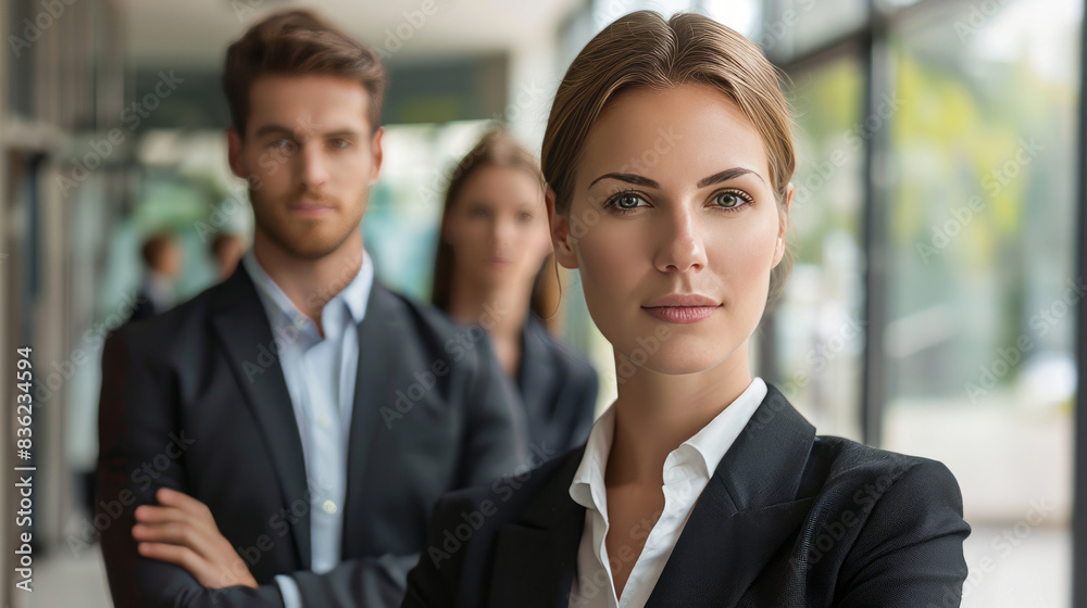 Confident businesswoman leading her team. A portrait of a confident businesswoman leading her team in a modern office setting, showcasing strong leadership and teamwork. Confident businesswoman leading her team. A portrait of a confident businesswoman leading her team in a modern office setting, showcasing strong leadership and teamwork.