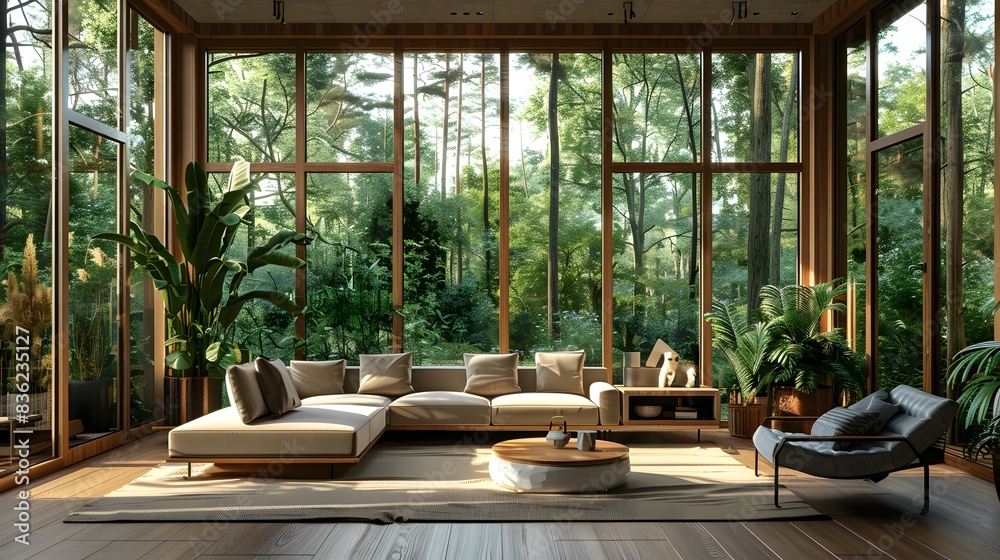 Fototapeta premium Modern Living Room with Floor-to-Ceiling Windows