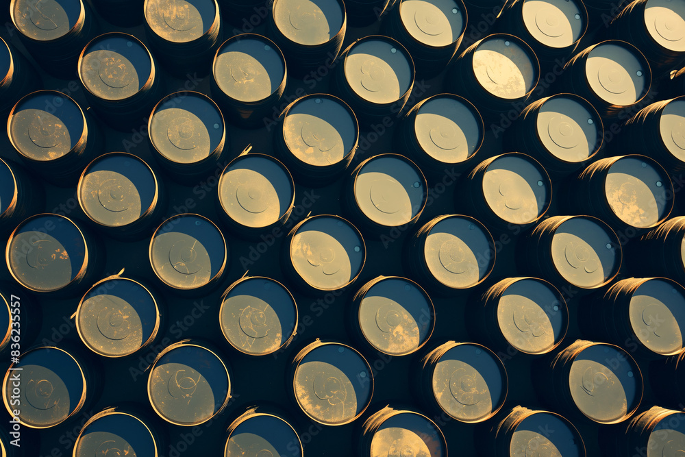 Stacks of metal drums illuminated by golden light creating dramatic shadows and highlights Stacks of metal drums illuminated by golden light creating dramatic shadows and highlights