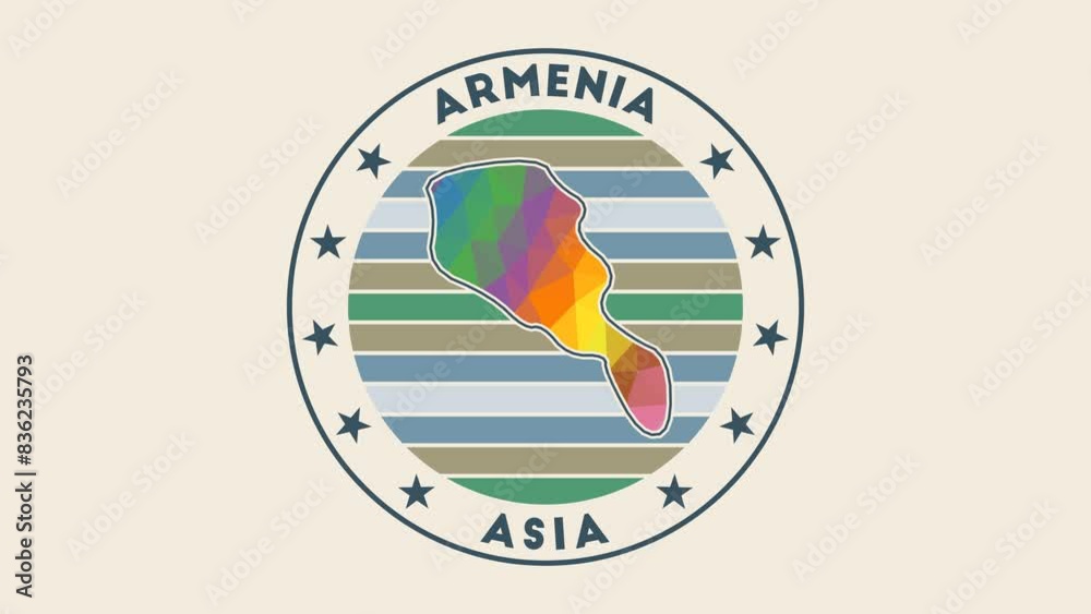Armenia intro video featuring a badge with the circular name and map of the country in a low poly tech geometric style. Authentic country round logo animation.