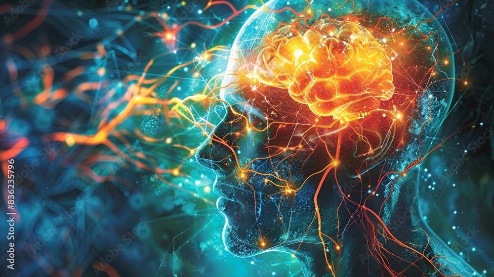A vibrant and dynamic illustration of body organs, focusing on the brain and nervous system, illuminated with bright colors and intricate details, showcasing the complexity of human anatomy. A vibrant and dynamic illustration of body organs, focusing on the brain and nervous system, illuminated with bright colors and intricate details, showcasing the complexity of human anatomy.