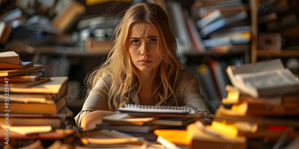 Anxious blonde woman in cluttered workspace. Concept Anxiety, Blonde Woman, Cluttered Workspace Anxious blonde woman in cluttered workspace. Concept Anxiety, Blonde Woman, Cluttered Workspace